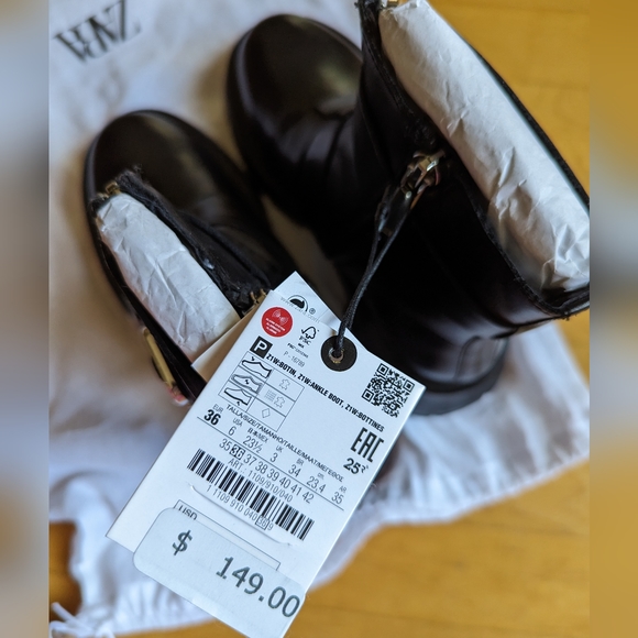 Zara Lug sole 100% leather Mid-calf ankle boots booties buckle and zip 36 6 NWT - Picture 2 of 7